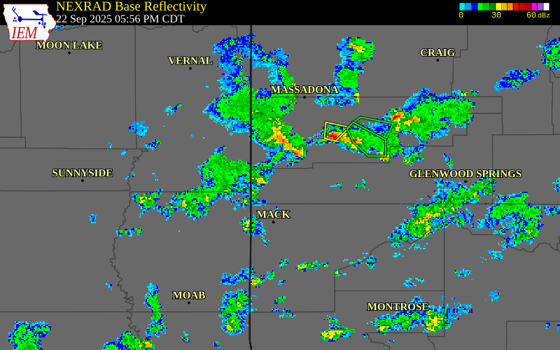 NEXRAD radar during the Monday, September 22, 2025 storm activity in Garfield County, Colorado