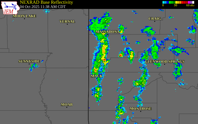 NEXRAD radar during the Saturday, October 4, 2025 storm activity in Garfield County, Colorado