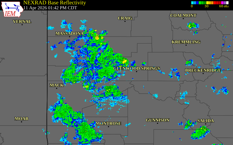 NEXRAD radar during the Saturday, April 11, 2026 storm activity in Garfield County, Colorado
