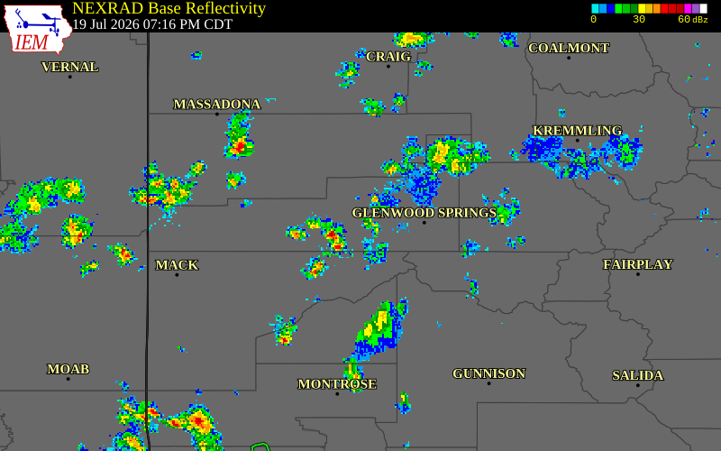 NEXRAD radar during the Sunday, July 19, 2026 storm activity in Garfield County, Colorado