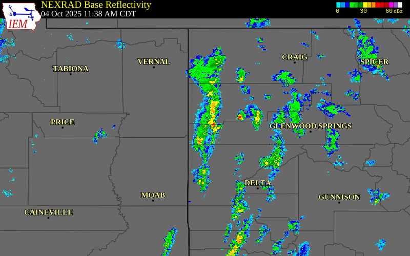 Radar snapshot during the Oct 4, 2025 wind event near 1 W Douglas Pass, Garfield County, Colorado, with NWS warning polygons