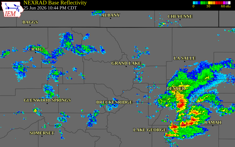 NEXRAD radar during the Thursday, June 25, 2026 storm activity in Grand County, Colorado