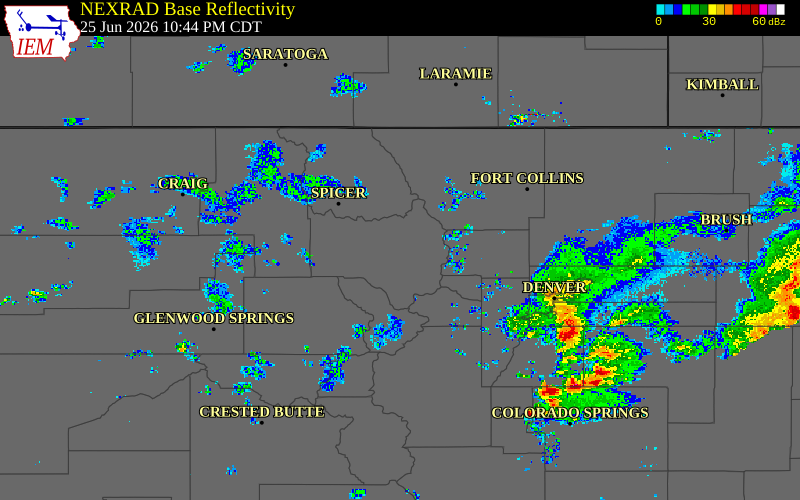 Radar snapshot during the Jun 25, 2026 wind event near 3 NW Granby, Grand County, Colorado, with NWS warning polygons