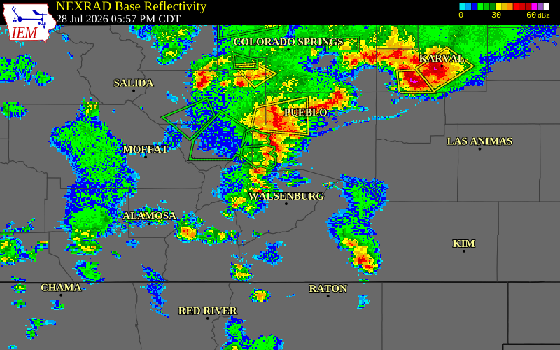 NEXRAD radar during the Tuesday, July 28, 2026 storm activity in Huerfano County, Colorado