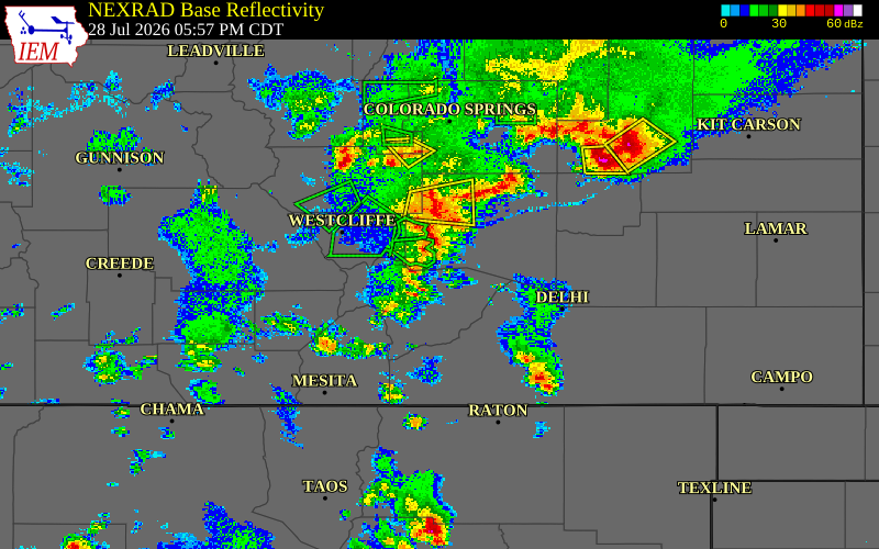 Radar snapshot during the Jul 28, 2026 wind event near 6 S Colorado City, Huerfano County, Colorado, with NWS warning polygons