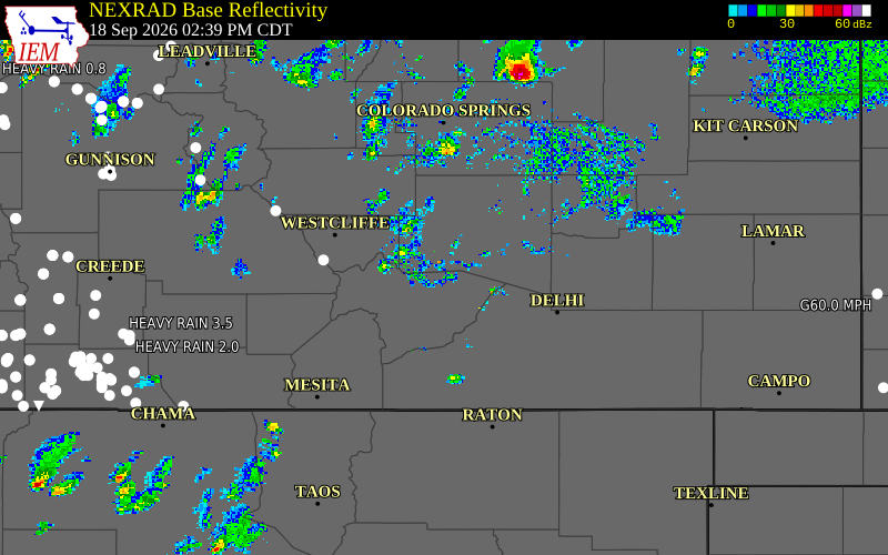 Current NEXRAD radar over Huerfano County, Colorado with recent storm report locations