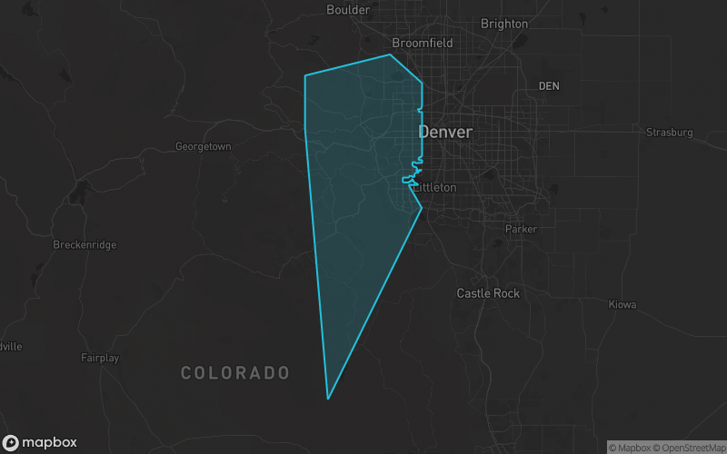 Map of Jefferson County, Colorado showing the county boundary and surrounding cities