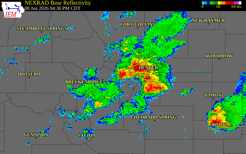 NEXRAD radar during the Monday, June 8, 2026 storm activity in Jefferson County, Colorado