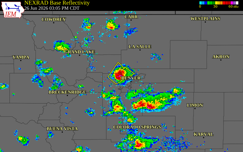 NEXRAD radar during the Friday, June 26, 2026 storm activity in Jefferson County, Colorado