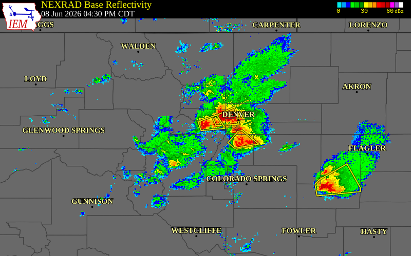 Radar snapshot during the Jun 8, 2026 hail event near Wah Keeney Park, Jefferson County, Colorado, with NWS warning polygons