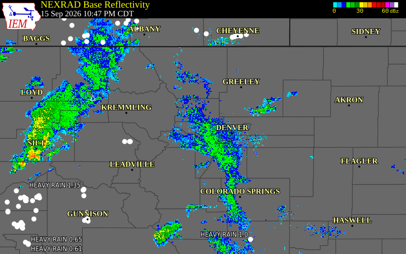 Current NEXRAD radar over Jefferson County, Colorado with recent storm report locations