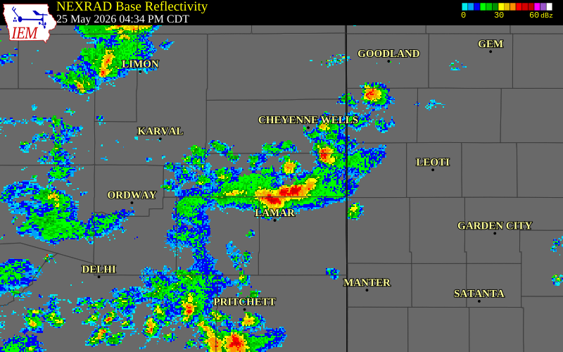 NEXRAD radar during the Monday, May 25, 2026 storm activity in Kiowa County, Colorado