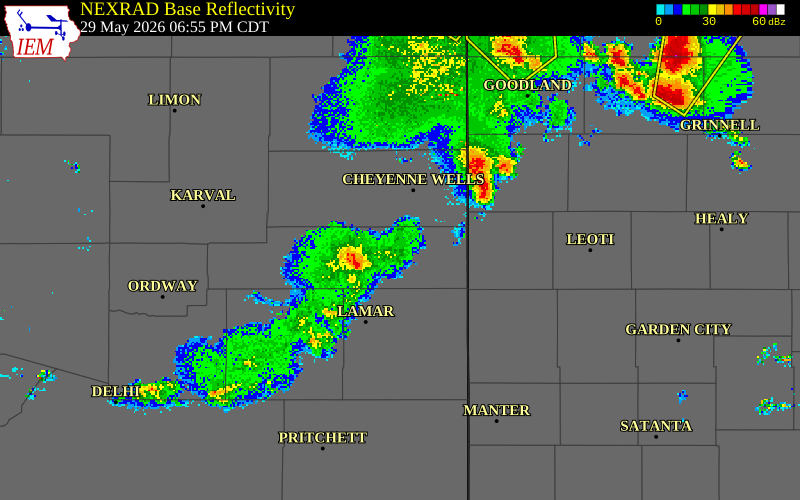 NEXRAD radar during the Friday, May 29, 2026 storm activity in Kiowa County, Colorado