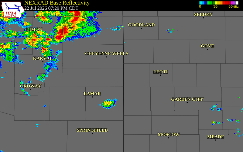 NEXRAD radar during the Wednesday, July 22, 2026 storm activity in Kiowa County, Colorado