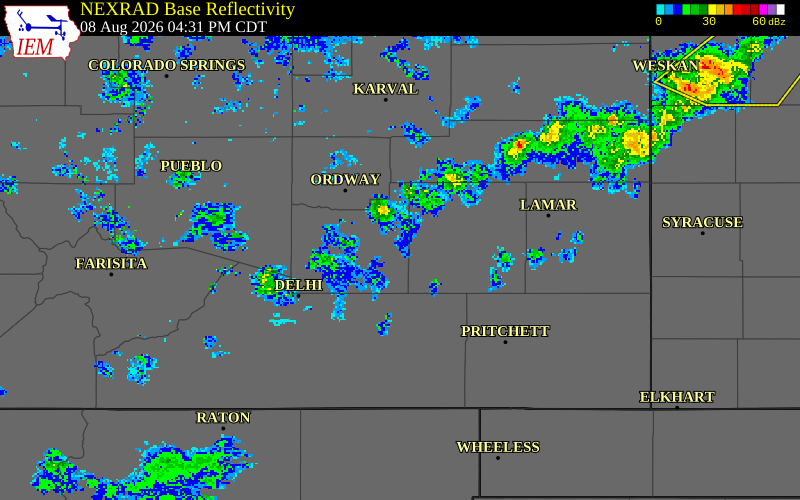 NEXRAD radar during the Saturday, August 8, 2026 storm activity in Kiowa County, Colorado