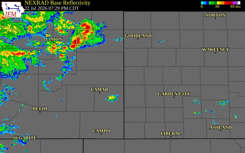 Radar snapshot during the Jul 22, 2026 hail event near Towner, Kiowa County, Colorado, with NWS warning polygons