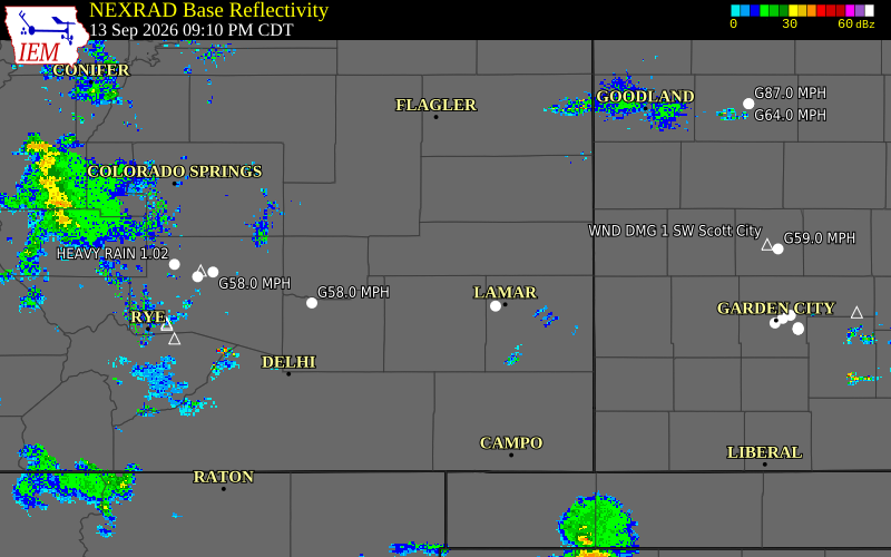 Current NEXRAD radar over Kiowa County, Colorado with recent storm report locations