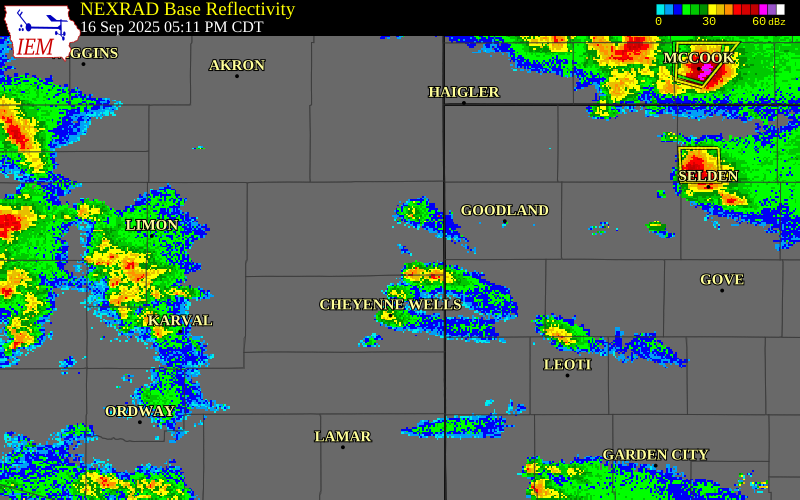 NEXRAD radar during the Tuesday, September 16, 2025 storm activity in Kit Carson County, Colorado