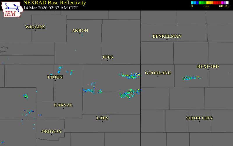 NEXRAD radar during the Saturday, March 14, 2026 storm activity in Kit Carson County, Colorado