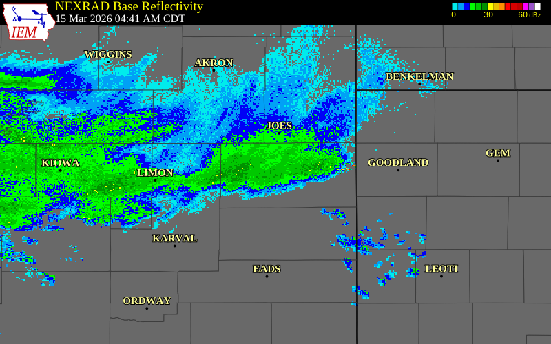 NEXRAD radar during the Sunday, March 15, 2026 storm activity in Kit Carson County, Colorado
