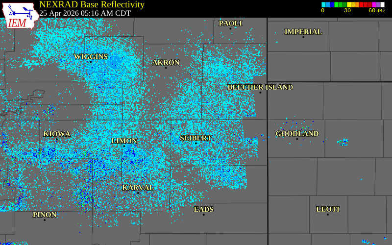 NEXRAD radar during the Saturday, April 25, 2026 storm activity in Kit Carson County, Colorado