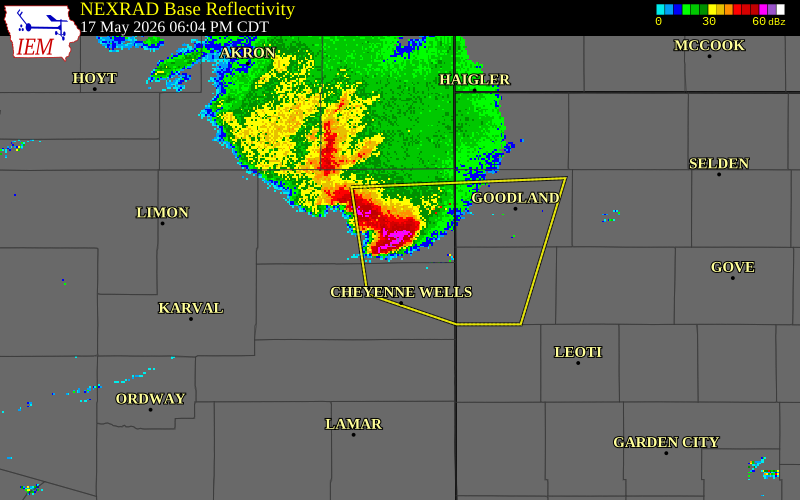 NEXRAD radar during the Sunday, May 17, 2026 storm activity in Kit Carson County, Colorado