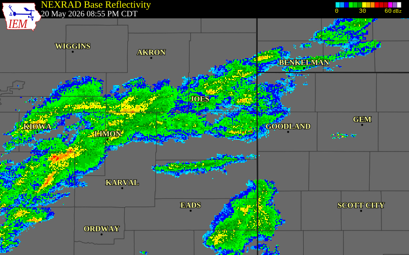 NEXRAD radar during the Wednesday, May 20, 2026 storm activity in Kit Carson County, Colorado