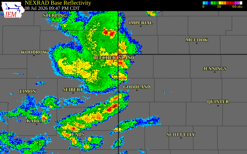NEXRAD radar during the Wednesday, July 8, 2026 storm activity in Kit Carson County, Colorado