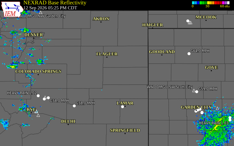 Current NEXRAD radar over Kit Carson County, Colorado with recent storm report locations