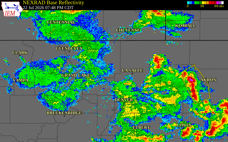 NEXRAD radar during the Wednesday, July 22, 2026 storm activity in Larimer County, Colorado