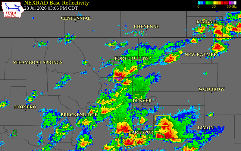 NEXRAD radar during the Tuesday, July 28, 2026 storm activity in Larimer County, Colorado