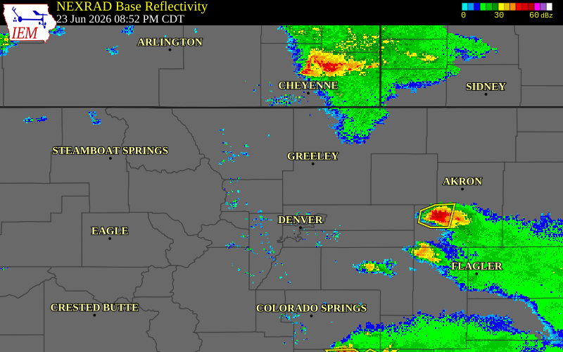 Radar snapshot during the Jun 23, 2026 hail event near 1 SE Berthoud, Larimer County, Colorado, with NWS warning polygons