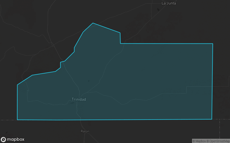Map of Las Animas County, Colorado showing the county boundary and surrounding cities