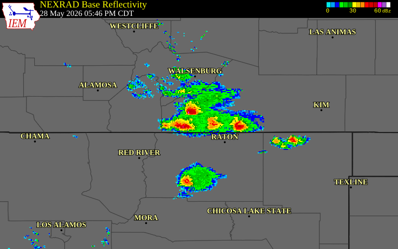 NEXRAD radar during the Thursday, May 28, 2026 storm activity in Las Animas County, Colorado