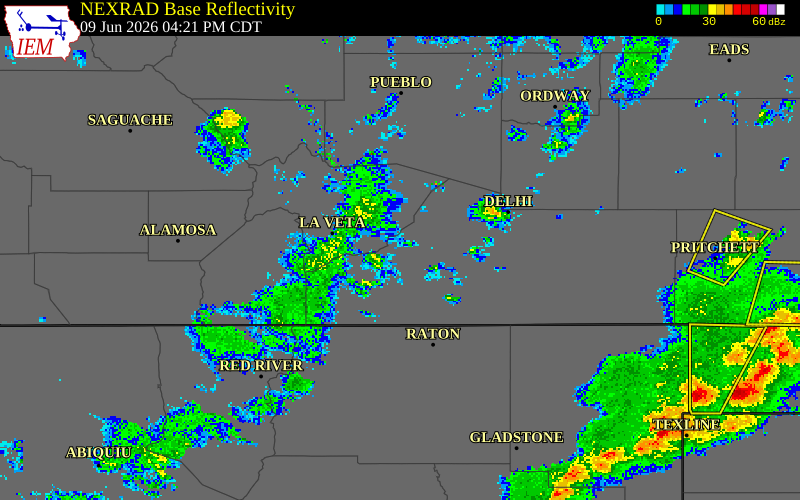 NEXRAD radar during the Tuesday, June 9, 2026 storm activity in Las Animas County, Colorado