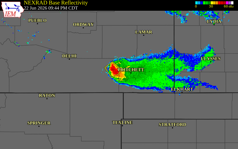 NEXRAD radar during the Monday, June 22, 2026 storm activity in Las Animas County, Colorado