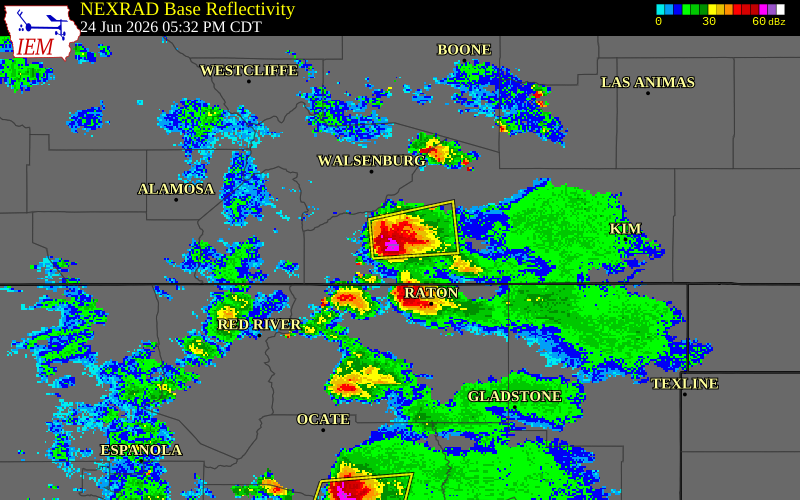 NEXRAD radar during the Wednesday, June 24, 2026 storm activity in Las Animas County, Colorado