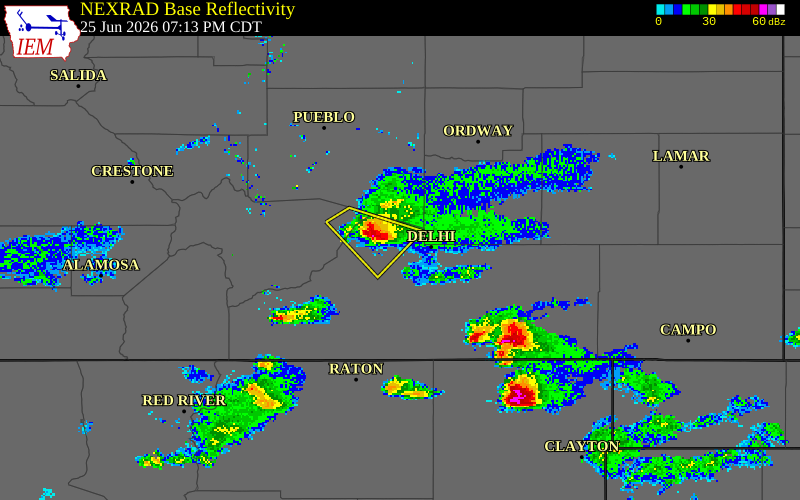 NEXRAD radar during the Thursday, June 25, 2026 storm activity in Las Animas County, Colorado