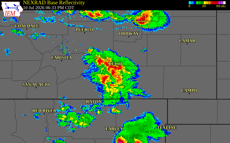 NEXRAD radar during the Friday, July 10, 2026 storm activity in Las Animas County, Colorado