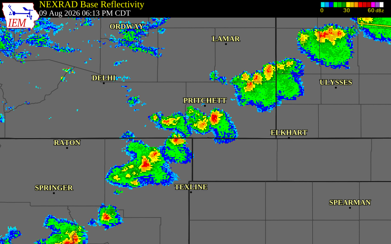 NEXRAD radar during the Sunday, August 9, 2026 storm activity in Las Animas County, Colorado