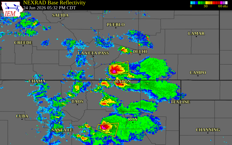 Radar snapshot during the Jun 24, 2026 hail event near 3 N Cokedale, Las Animas County, Colorado, with NWS warning polygons