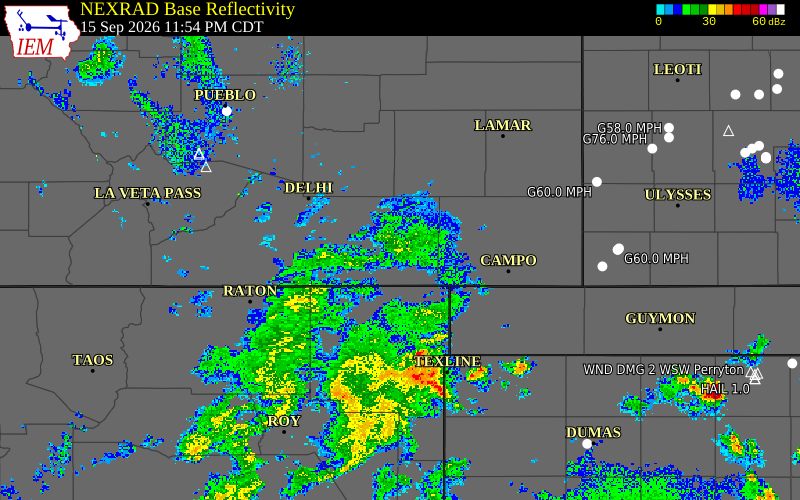 Current NEXRAD radar over Las Animas County, Colorado with recent storm report locations