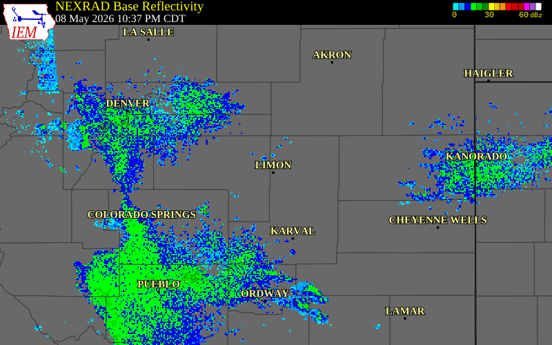 NEXRAD radar during the Friday, May 8, 2026 storm activity in Lincoln County, Colorado