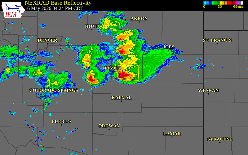 NEXRAD radar during the Saturday, May 16, 2026 storm activity in Lincoln County, Colorado