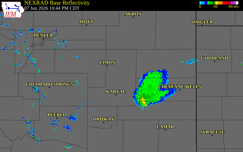 NEXRAD radar during the Sunday, June 7, 2026 storm activity in Lincoln County, Colorado