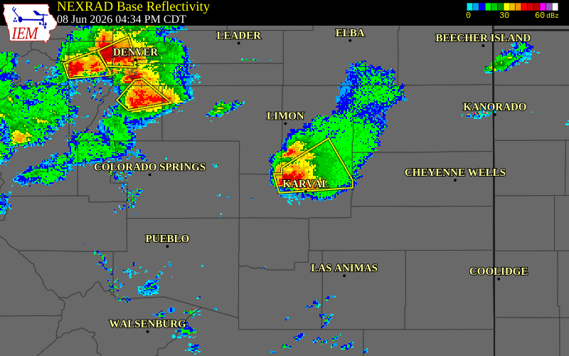 NEXRAD radar during the Monday, June 8, 2026 storm activity in Lincoln County, Colorado