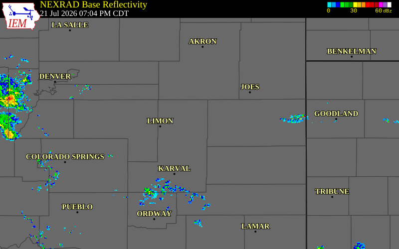 NEXRAD radar during the Tuesday, July 21, 2026 storm activity in Lincoln County, Colorado