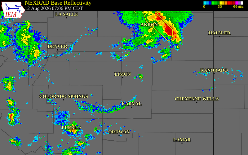 NEXRAD radar during the Wednesday, August 12, 2026 storm activity in Lincoln County, Colorado