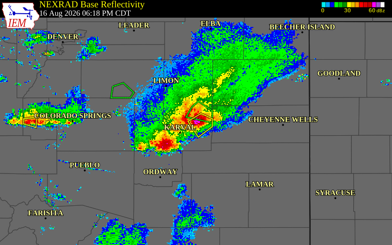 NEXRAD radar during the Sunday, August 16, 2026 storm activity in Lincoln County, Colorado