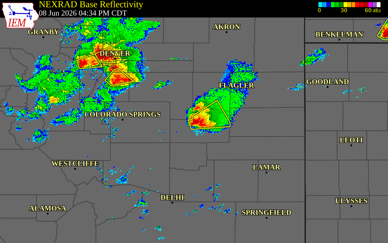 Radar snapshot during the Jun 8, 2026 hail event near 1 S Punkin Center, Lincoln County, Colorado, with NWS warning polygons